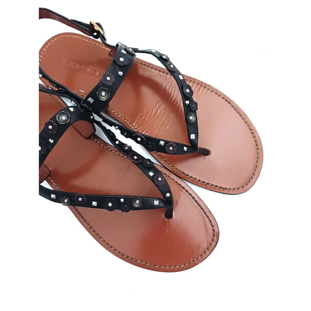 Coach Tea Rose Blk Leather Thong Sandals w Ankle Strap Floral Stud Trim US 10M